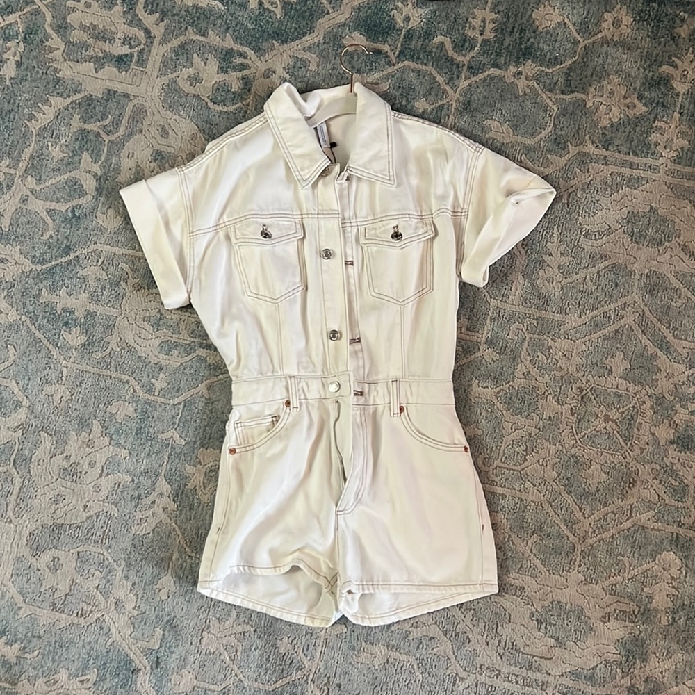 Zara White Short Sleeve Denim Romper